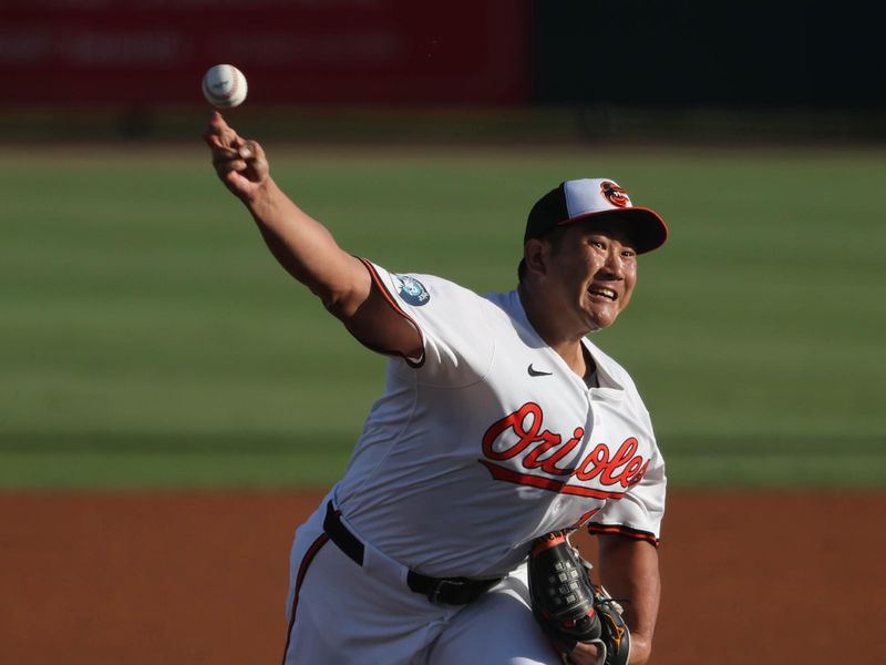 Mar 14, 2025; Sarasota, Florida, USA;  Baltimore Orioles starting pitcher Tomoyuki Sugano (19) throws a pitch during the first inning against the Minnesota Twins at Ed Smith Stadium. Mandatory Credit: Kim Klement Neitzel-Imagn Images