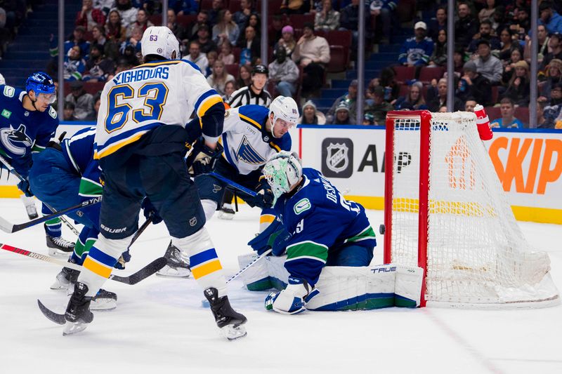 Jan 24, 2024; Vancouver, British Columbia, CAN; St. Louis Blues forward Jake Neighbours (63) watches as forward Pavel Buchnevich (89) scores on Vancouver Canucks goalie Casey DeSmith (29) in the first period at Rogers Arena. Mandatory Credit: Bob Frid-USA TODAY Sports