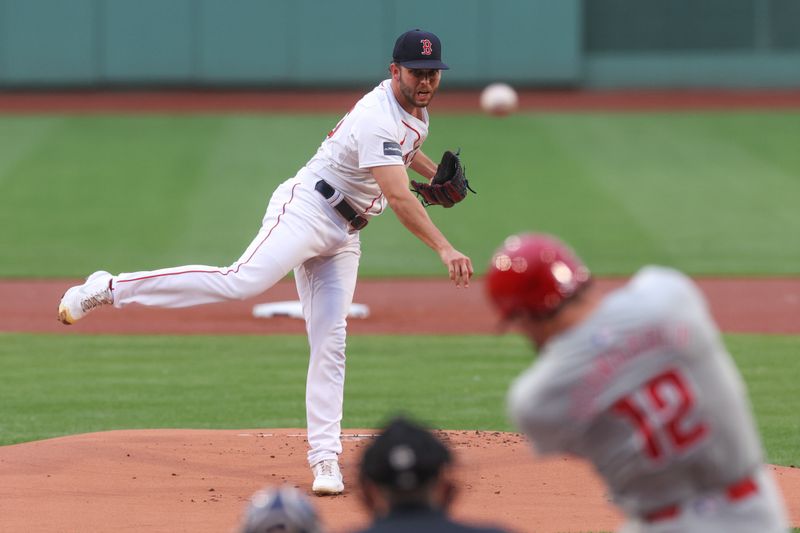 Jun 11, 2024; Boston, Massachusetts, USA; Boston Red Sox starting pitcher Kutter Crawford (50) throws a pitch during the first inning against the Philadelphia Phillies at Fenway Park. Mandatory Credit: Paul Rutherford-USA TODAY Sports