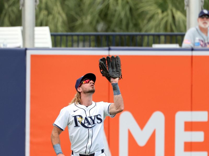May 1, 2025; St. Petersburg, Florida, USA;  Tampa Bay Rays outfielder Travis Jankowski (20) catches a fly ball against the Kansas City Royals during the first inning at George M. Steinbrenner Field. Mandatory Credit: Kim Klement Neitzel-Imagn Images