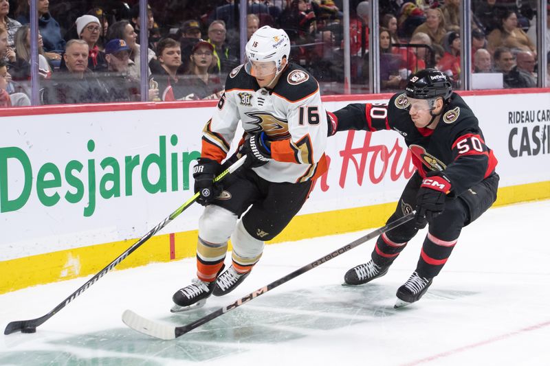 Feb 15, 2024; Ottawa, Ontario, CAN; Anaheim Ducks center Ryan Strome (16) skates with the puck in front of Ottawa Senators defenseman Maxence Guenette (50) in the second period at the Canadian Tire Centre. Mandatory Credit: Marc DesRosiers-USA TODAY Sports