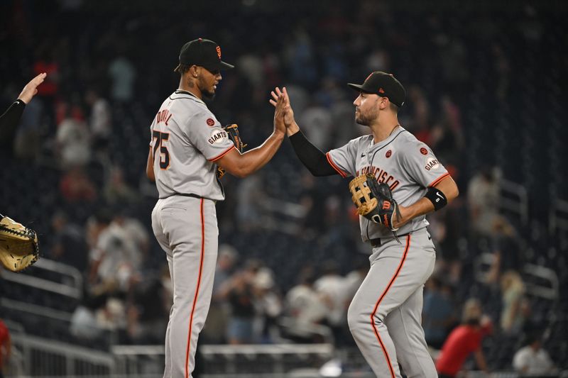 Aug 5, 2024; Washington, District of Columbia, USA; San Francisco Giants left fielder Michael Conforto (8) and relief pitcher Camilo Doval (75) celebrate after defeating the Washington Nationals at Nationals Park. Mandatory Credit: Rafael Suanes-USA TODAY Sports