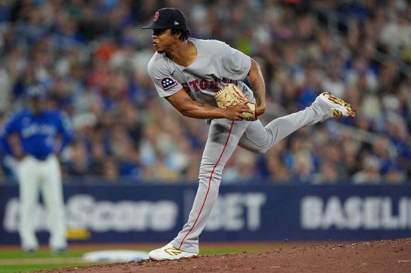 Sep 25, 2025; Toronto, Ontario, CAN; Boston Red Sox starting pitcher Brayan Bello (66) pitches to the Toronto Blue Jays during the first inning at Rogers Centre. Mandatory Credit: John E. Sokolowski-Imagn Images
