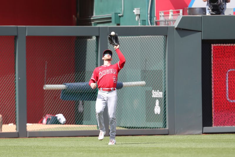 Jun 17, 2023; Kansas City, Missouri, USA; Los Angeles Angels right fielder Taylor Ward (3) makes a catch early in the game Kansas City Royals at Kauffman Stadium. Mandatory Credit: Scott Sewell-USA TODAY Sports