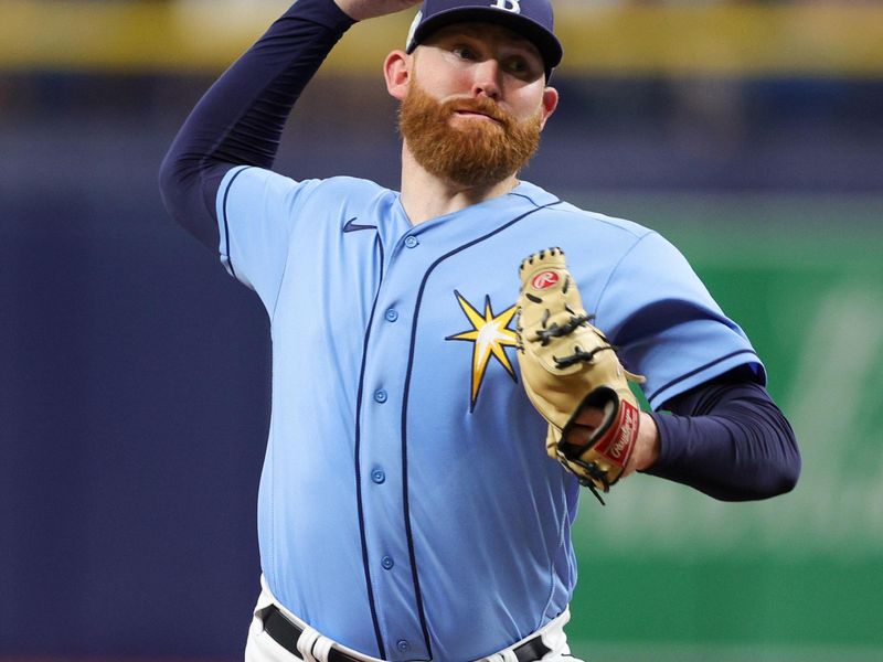 Sep 23, 2023; St. Petersburg, Florida, USA;  Tampa Bay Rays relief pitcher Zack Littell (52) throws a pitch against the Toronto Blue Jays in the third inning at Tropicana Field. Mandatory Credit: Nathan Ray Seebeck-USA TODAY Sports