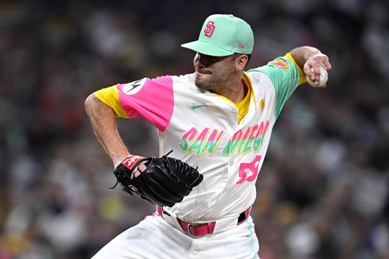 Jun 21, 2024; San Diego, California, USA; San Diego Padres relief pitcher Tom Cosgrove (59) pitches against the Milwaukee Brewers during the fifth inning at Petco Park. Mandatory Credit: Orlando Ramirez-USA TODAY Sports
