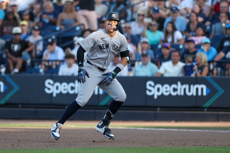 Apr 19, 2025; Tampa, Florida, USA; New York Yankees right fielder Aaron Judge (99) looks onagainst the Tampa Bay Rays in the ninth inning at George M. Steinbrenner Field. Mandatory Credit: Nathan Ray Seebeck-Imagn Images