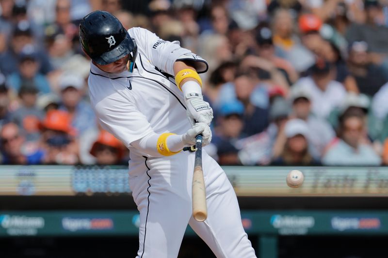 Sep 1, 2024; Detroit, Michigan, USA;  Detroit Tigers first base Spencer Torkelson (20) hits a two run home run in the fifth inning against the Boston Red Sox at Comerica Park. Mandatory Credit: Rick Osentoski-USA TODAY Sports