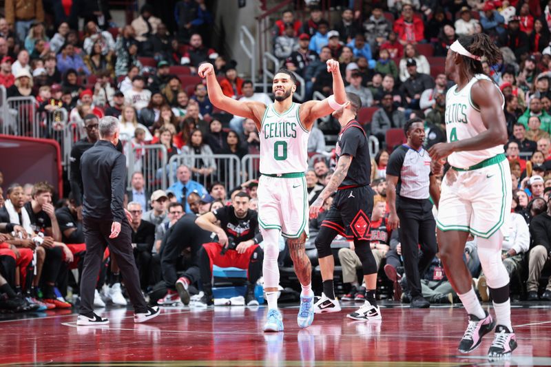 CHICAGO, IL - NOVEMBER 29: Jayson Tatum #0 of the Boston Celtics celebrates during the game against the Chicago Bulls during the Emirates NBA Cup game on November 29, 2024 at United Center in Chicago, Illinois. NOTE TO USER: User expressly acknowledges and agrees that, by downloading and or using this photograph, User is consenting to the terms and conditions of the Getty Images License Agreement. Mandatory Copyright Notice: Copyright 2024 NBAE (Photo by Jeff Haynes/NBAE via Getty Images)