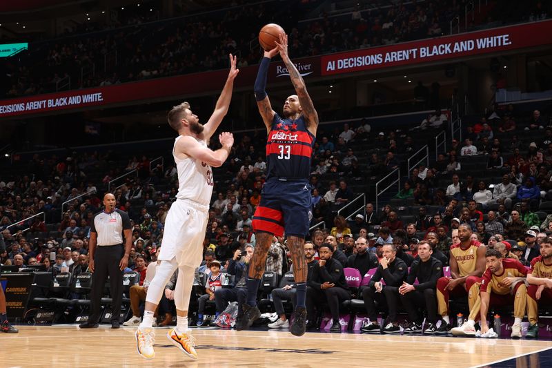 WASHINGTON, DC -? OCTOBER 26:  Kyle Kuzma #33 of the Washington Wizards shoots the ball during the game against the Cleveland Cavaliers on October 26, 2024 at Capital One Arena in Washington, DC. NOTE TO USER: User expressly acknowledges and agrees that, by downloading and or using this Photograph, user is consenting to the terms and conditions of the Getty Images License Agreement. Mandatory Copyright Notice: Copyright 2024 NBAE (Photo by Kenny Giarla/NBAE via Getty Images)