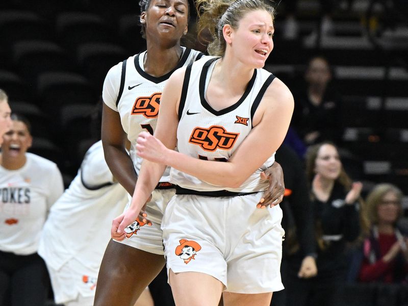 Mar 10, 2023; Kansas City, MO, USA;  Oklahoma State Cowgirls forward Lior Garzon (11) reacts after hitting a three point shot during the second half against the West Virginia Mountaineers at Municipal Auditorium. Mandatory Credit: Peter Aiken-USA TODAY Sports