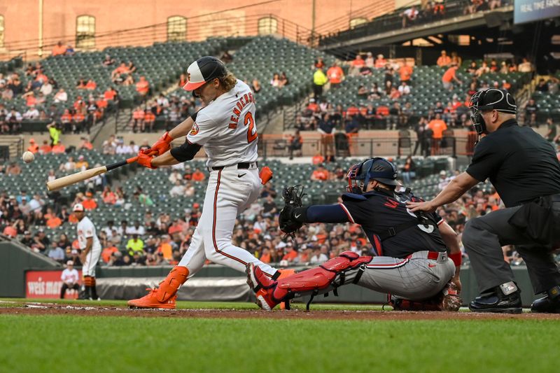 Apr 16, 2024; Baltimore, Maryland, USA;  Baltimore Orioles shortstop Gunnar Henderson (2) hits a two run home run during the second inning against the Minnesota Twins  at Oriole Park at Camden Yards. Mandatory Credit: Tommy Gilligan-USA TODAY Sports