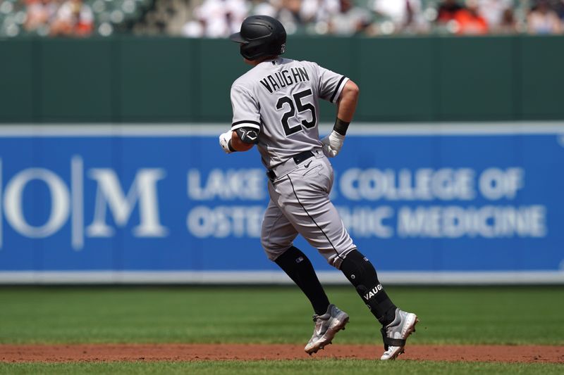 Aug 30, 2023; Baltimore, Maryland, USA; Chicago White Sox first baseman Andrew Vaughn (25) rounds the bases following his two run home run in the second inning against the Baltimore Orioles at Oriole Park at Camden Yards. Mandatory Credit: Mitch Stringer-USA TODAY Sports