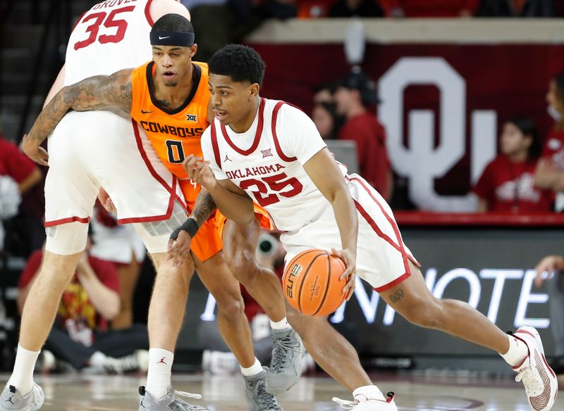 Feb 1, 2023; Norman, Oklahoma, USA; Oklahoma Sooners guard Grant Sherfield (25) moves past Oklahoma State Cowboys guard Avery Anderson III (0) during the first half at Lloyd Noble Center. Mandatory Credit: Alonzo Adams-USA TODAY Sports