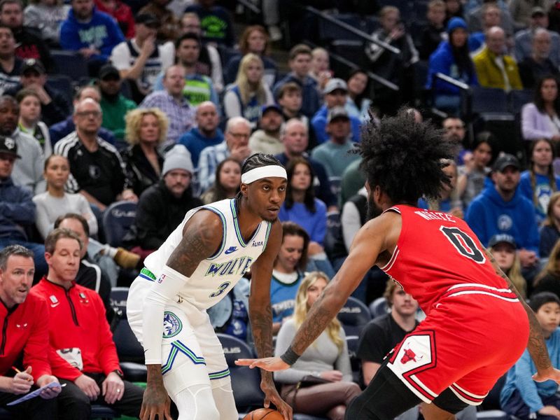 MINNEAPOLIS, MN -  MARCH 31: Jaden McDaniels #3 of the Minnesota Timberwolves handles the ball during the game against the Chicago Bulls on March 31, 2024 at Target Center in Minneapolis, Minnesota. NOTE TO USER: User expressly acknowledges and agrees that, by downloading and or using this Photograph, user is consenting to the terms and conditions of the Getty Images License Agreement. Mandatory Copyright Notice: Copyright 2024 NBAE (Photo by Jordan Johnson/NBAE via Getty Images)