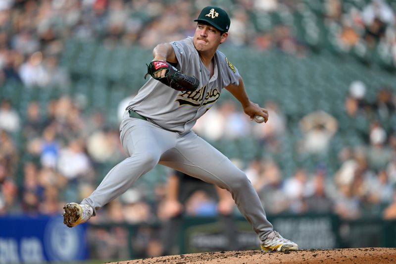 Jun 25, 2025; Detroit, Michigan, USA; Athletics starting pitcher Jacob Lopez (57) throws a pitch against the Detroit Tigers in the second inning at Comerica Park. Mandatory Credit: Lon Horwedel-Imagn Images