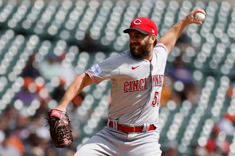 Sep 14, 2023; Detroit, Michigan, USA; Cincinnati Reds relief pitcher Sam Moll (50) pitches in the second inning against the Detroit Tigers at Comerica Park. Mandatory Credit: Rick Osentoski-USA TODAY Sports
