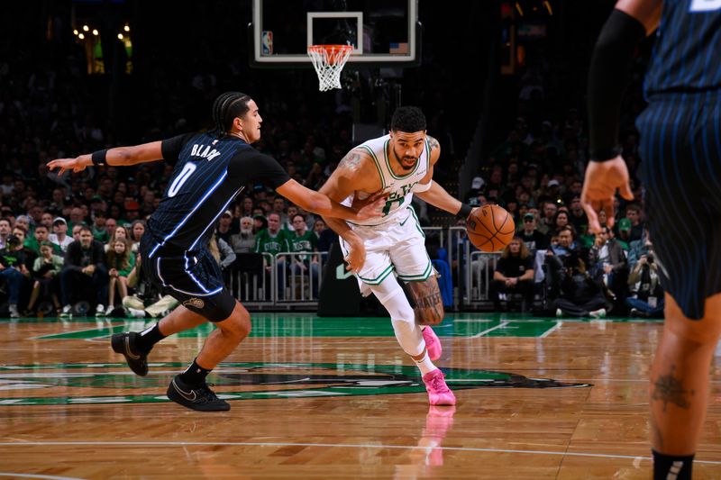 BOSTON, MA - APRIL 20: Jayson Tatum #0 of the Boston Celtics drives to the basket during the game against the Orlando Magic during Round 1 Game 1 of the 2025 NBA Playoffs on April 20, 2025 at TD Garden in Boston, Massachusetts. NOTE TO USER: User expressly acknowledges and agrees that, by downloading and/or using this Photograph, user is consenting to the terms and conditions of the Getty Images License Agreement. Mandatory Copyright Notice: Copyright 2025 NBAE (Photo by Brian Babineau/NBAE via Getty Images)
