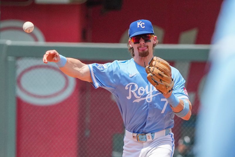 Jul 21, 2024; Kansas City, Missouri, USA; Kansas City Royals shortstop Bobby Witt Jr. (7) fields a ground ball and throws to first base against the Chicago White Sox in the fifth inning at Kauffman Stadium. Mandatory Credit: Denny Medley-USA TODAY Sports