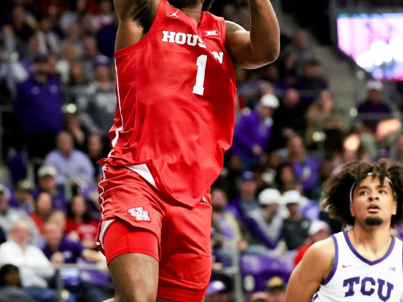 Jan 13, 2024; Fort Worth, Texas, USA;  Houston Cougars guard Jamal Shead (1) shoots during the second half against the TCU Horned Frogs at Ed and Rae Schollmaier Arena. Mandatory Credit: Kevin Jairaj-USA TODAY Sports