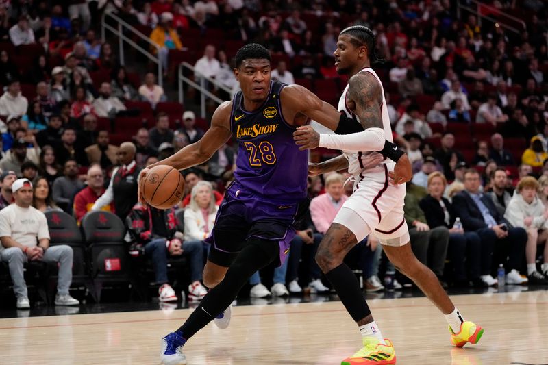 HOUSTON, TX - JANUARY 5: Rui Hachimura #28 of the Los Angeles Lakers handles the ball during the game against the Houston Rockets on January 5, 2025 at the Toyota Center in Houston, Texas. NOTE TO USER: User expressly acknowledges and agrees that, by downloading and or using this photograph, User is consenting to the terms and conditions of the Getty Images License Agreement. Mandatory Copyright Notice: Copyright 2025 NBAE (Photo by Kevin M.Cox/NBAE via Getty Images)