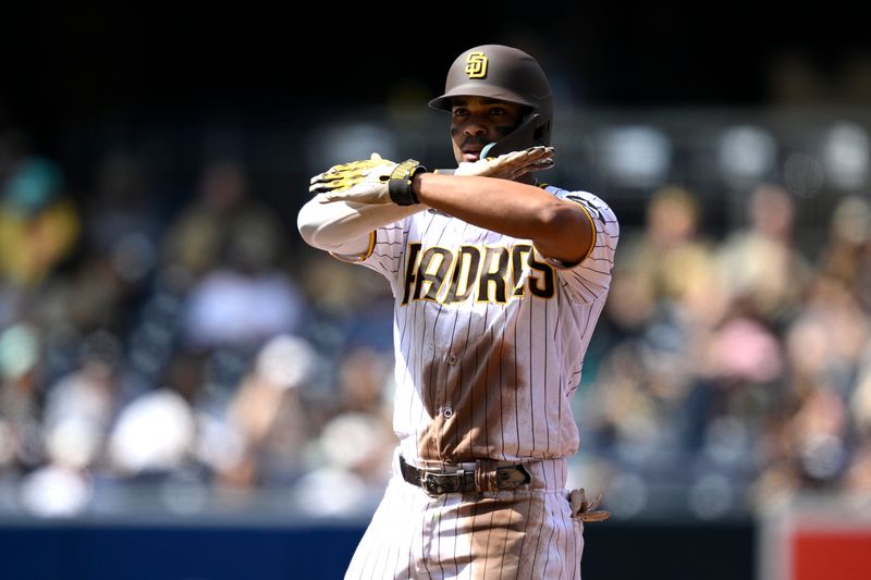 Sep 20, 2023; San Diego, California, USA; San Diego Padres shortstop Xander Bogaerts (2) celebrates after hitting a double against the Colorado Rockies during the third inning at Petco Park. Mandatory Credit: Orlando Ramirez-USA TODAY Sports