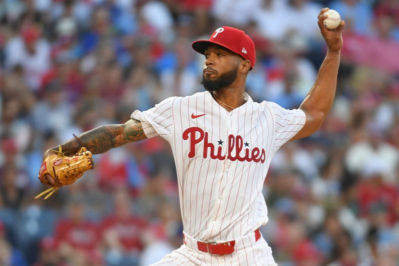 Jul 10, 2024; Philadelphia, Pennsylvania, USA; Philadelphia Phillies pitcher Cristopher Sánchez (61) throws a pitch during the second inning against the Los Angeles Dodgers at Citizens Bank Park. Mandatory Credit: Eric Hartline-USA TODAY Sports