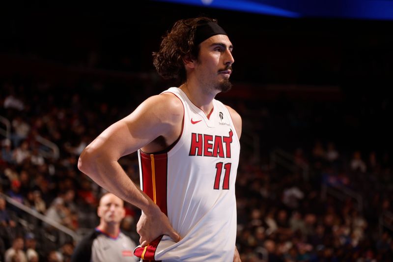 DETROIT, MI - NOOVEMBER 12:  Jaime Jaquez Jr. #11 of the Miami Heat looks on during the game against the Detroit Pistons during the Emirates NBA Cup game on November 12, 2024 at Little Caesars Arena in Detroit, Michigan. NOTE TO USER: User expressly acknowledges and agrees that, by downloading and/or using this photograph, User is consenting to the terms and conditions of the Getty Images License Agreement. Mandatory Copyright Notice: Copyright 2024 NBAE (Photo by Brian Sevald/NBAE via Getty Images)