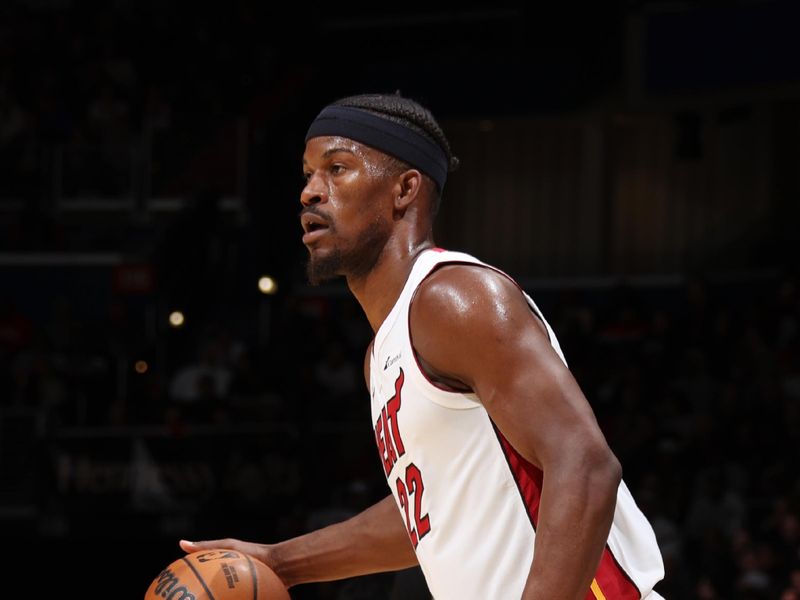 WASHINGTON, DC -?February 2: Jimmy Butler #22 of the Miami Heat dribbles the ball during the game against the Washington Wizards on February 2, 2024 at Capital One Arena in Washington, DC. NOTE TO USER: User expressly acknowledges and agrees that, by downloading and or using this Photograph, user is consenting to the terms and conditions of the Getty Images License Agreement. Mandatory Copyright Notice: Copyright 2024 NBAE (Photo by Stephen Gosling/NBAE via Getty Images)