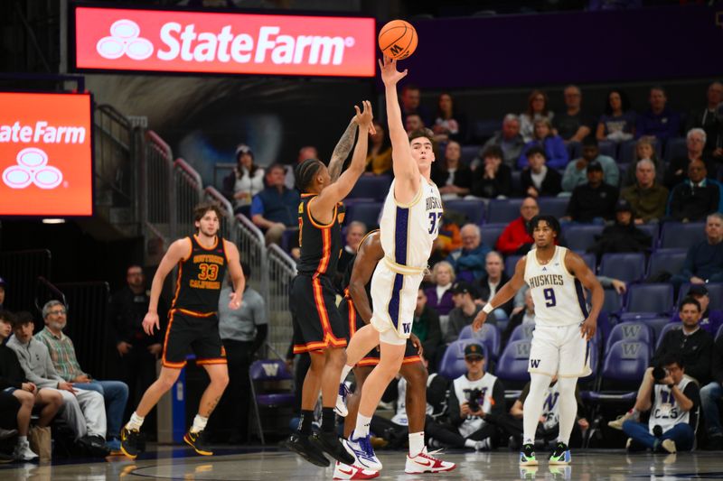 Mar 4, 2026; Seattle, Washington, USA; Washington Huskies forward Nikola Dzepina (33) blocks a shot by Southern California Trojans guard Jordan Marsh (7) during the first half at Alaska Airlines Arena at Hec Edmundson Pavilion. Mandatory Credit: Steven Bisig-Imagn Images