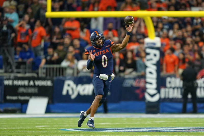 Dec 3, 2021; San Antonio, TX, USA; UTSA Roadrunners quarterback Frank Harris (0) throws a pass in the second half of the 2021 Conference USA Championship Game against the Western Kentucky Hilltoppers at the Alamodome. Mandatory Credit: Daniel Dunn-USA TODAY Sports