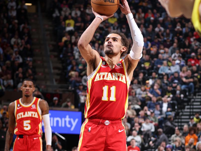 SALT LAKE CITY, UT - FEBRUARY 3: Trae Young #11 of the Atlanta Hawks shoots a free throw during the game against the Utah Jazz on February 3, 2023 at vivint.SmartHome Arena in Salt Lake City, Utah. NOTE TO USER: User expressly acknowledges and agrees that, by downloading and or using this Photograph, User is consenting to the terms and conditions of the Getty Images License Agreement. Mandatory Copyright Notice: Copyright 2023 NBAE (Photo by Melissa Majchrzak/NBAE via Getty Images)