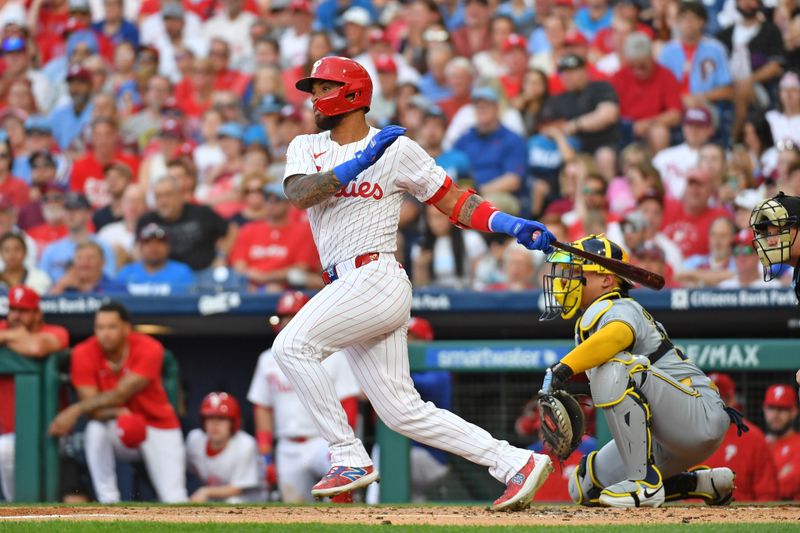 Jun 3, 2024; Philadelphia, Pennsylvania, USA; Philadelphia Phillies shortstop Edmundo Sosa (33) hits an RBI single during the second inning against the Milwaukee Brewers at Citizens Bank Park. Mandatory Credit: Eric Hartline-USA TODAY Sports