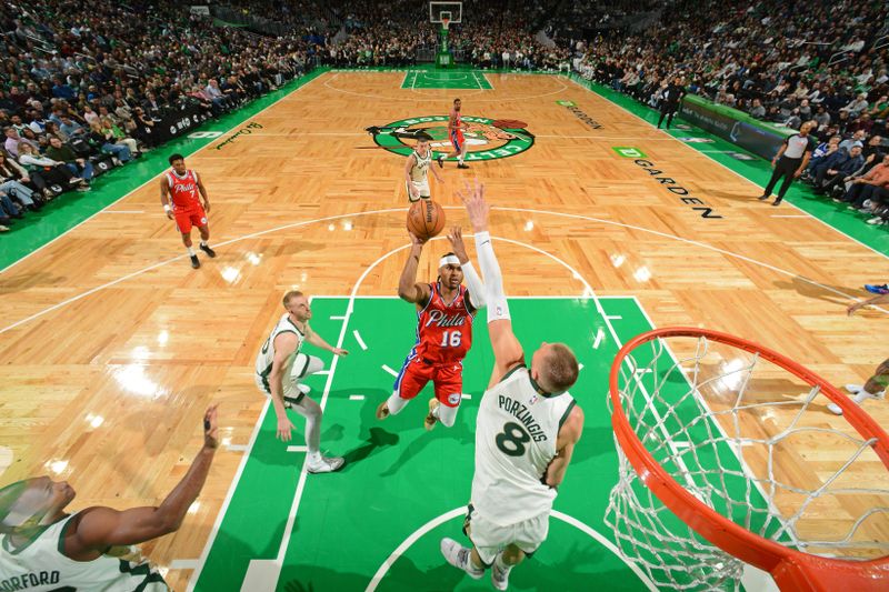 BOSTON, MA - FEBRUARY 27: Ricky Council IV #16 of the Philadelphia 76ers drives to the basket during the game against the Boston Celtics on February 27, 2024 at the TD Garden in Boston, Massachusetts. NOTE TO USER: User expressly acknowledges and agrees that, by downloading and or using this photograph, User is consenting to the terms and conditions of the Getty Images License Agreement. Mandatory Copyright Notice: Copyright 2024 NBAE  (Photo by Brian Babineau/NBAE via Getty Images)