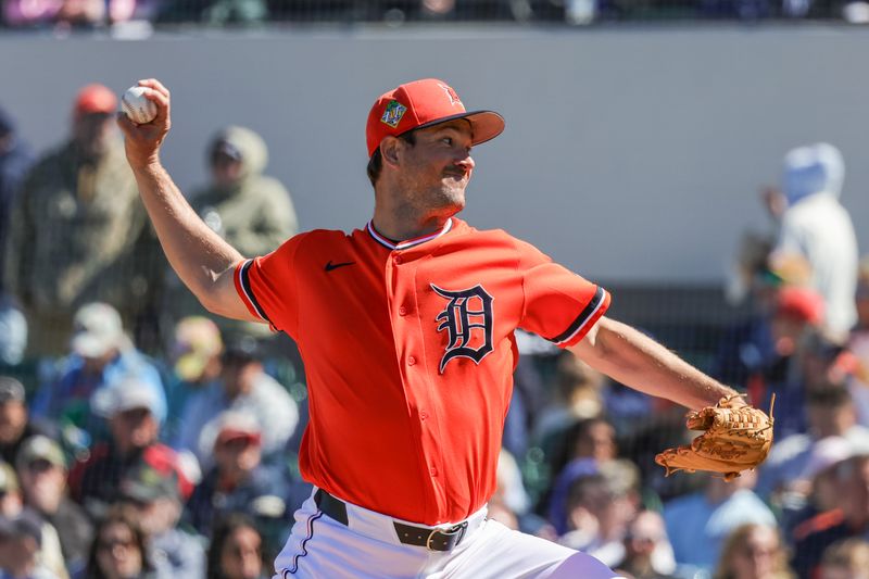 Feb 23, 2026; Lakeland, Florida, USA; Detroit Tigers pitcher Drew Anderson (38) pitches during the fourth inning against the Minnesota Twins at Publix Field at Joker Marchant Stadium. Mandatory Credit: Mike Watters-Imagn Images