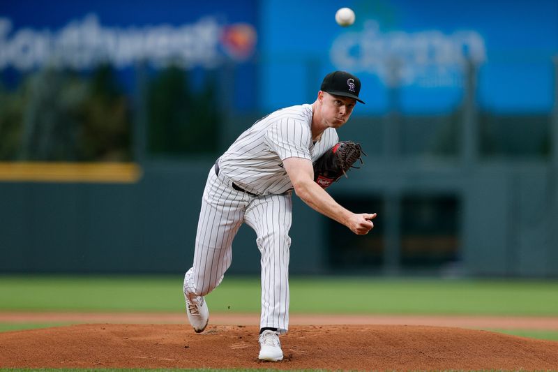 Aug 9, 2024; Denver, Colorado, USA; Colorado Rockies starting pitcher Tanner Gordon (29) pitches in the first inning against the Atlanta Braves at Coors Field. Mandatory Credit: Isaiah J. Downing-USA TODAY Sports