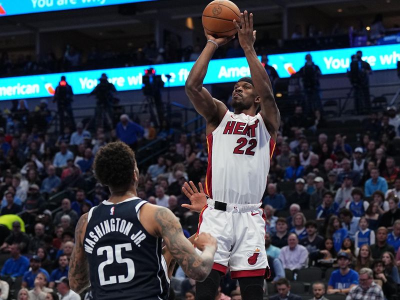 DALLAS, TX - MARCH 7: Jimmy Butler #22 of the Miami Heat shoots the ball during the game against the Dallas Mavericks on March 7, 2024 at the American Airlines Center in Dallas, Texas. NOTE TO USER: User expressly acknowledges and agrees that, by downloading and or using this photograph, User is consenting to the terms and conditions of the Getty Images License Agreement. Mandatory Copyright Notice: Copyright 2024 NBAE (Photo by Glenn James/NBAE via Getty Images)