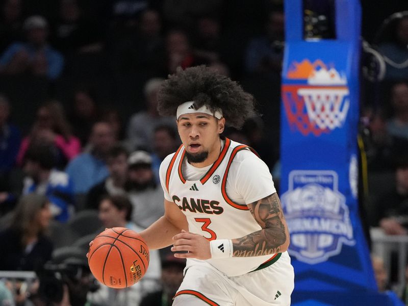 Mar 12, 2026; Charlotte, NC, USA; Miami (FL) Hurricanes guard Tre Donaldson (3) brings the ball up the court in the second half at Spectrum Center. Mandatory Credit: Bob Donnan-Imagn Images