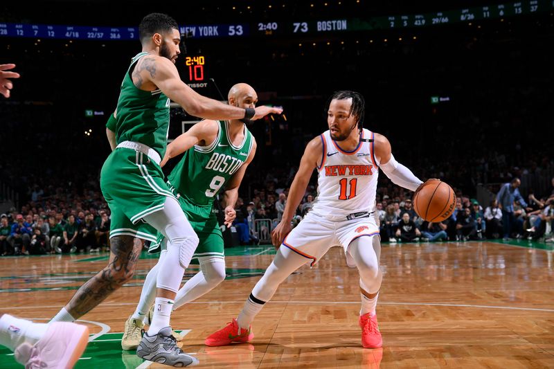 BOSTON, MA - MAY 7: Jalen Brunson #11 of the New York Knicks handles the ball during the game against the Boston Celtics during Round 2 Game 2 on May 7, 2025 at TD Garden in Boston, Massachusetts. NOTE TO USER: User expressly acknowledges and agrees that, by downloading and/or using this Photograph, user is consenting to the terms and conditions of the Getty Images License Agreement. Mandatory Copyright Notice: Copyright 2025 NBAE (Photo by Brian Babineau/NBAE via Getty Images)