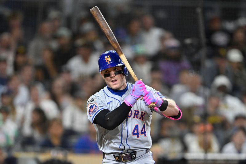 Aug 23, 2024; San Diego, California, USA; New York Mets shortstop Harrison Bader (44) reacts after striking out during the ninth inning against the San Diego Padres at Petco Park. Mandatory Credit: Denis Poroy-USA TODAY Sports