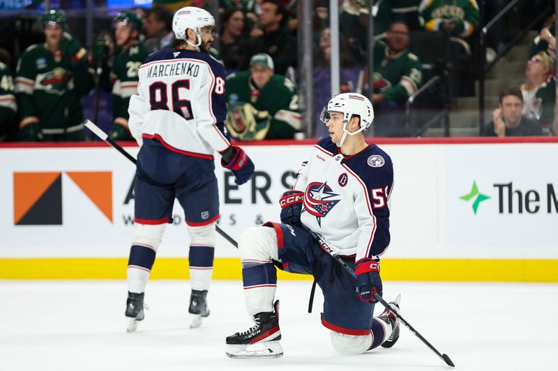 Oct 10, 2024; Saint Paul, Minnesota, USA; Columbus Blue Jackets right wing Yegor Chinakhov (59) reacts during the third period against the Minnesota Wild at Xcel Energy Center. Mandatory Credit: Matt Krohn-Imagn Images