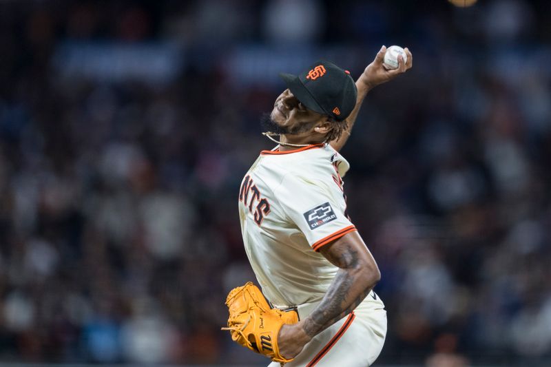 May 15, 2024; San Francisco, California, USA; San Francisco Giants closing pitcher Camilo Doval (75) throws against the Los Angeles Dodgers during the ninth inning at Oracle Park. Mandatory Credit: John Hefti-USA TODAY Sports