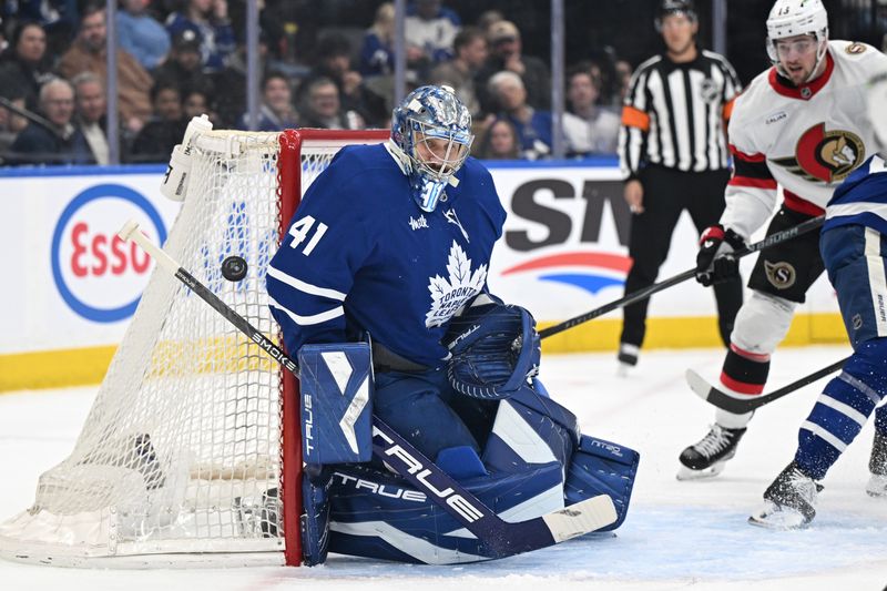 Feb 28, 2026; Toronto, Ontario, CAN;  Toronto Maple Leafs goalie Anthony Stolarz (41) makes a save against the Ottawa Senators in the second period at Scotiabank Arena. Mandatory Credit: Dan Hamilton-Imagn Images