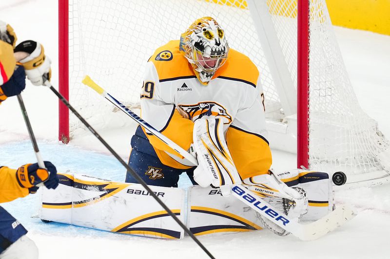 Dec 31, 2025; Las Vegas, Nevada, USA; Nashville Predators goaltender Justus Annunen (29) makes a save against the Vegas Golden Knights during the third period at T-Mobile Arena. Mandatory Credit: Stephen R. Sylvanie-Imagn Images