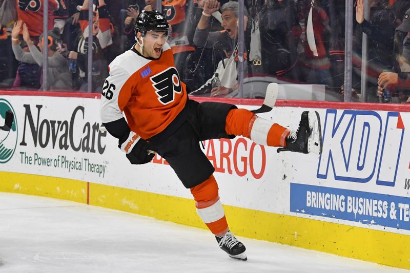 Feb 27, 2024; Philadelphia, Pennsylvania, USA; Philadelphia Flyers defenseman Sean Walker (26) celebrates his goal against the Tampa Bay Lightning during the third period at Wells Fargo Center. Mandatory Credit: Eric Hartline-USA TODAY Sports