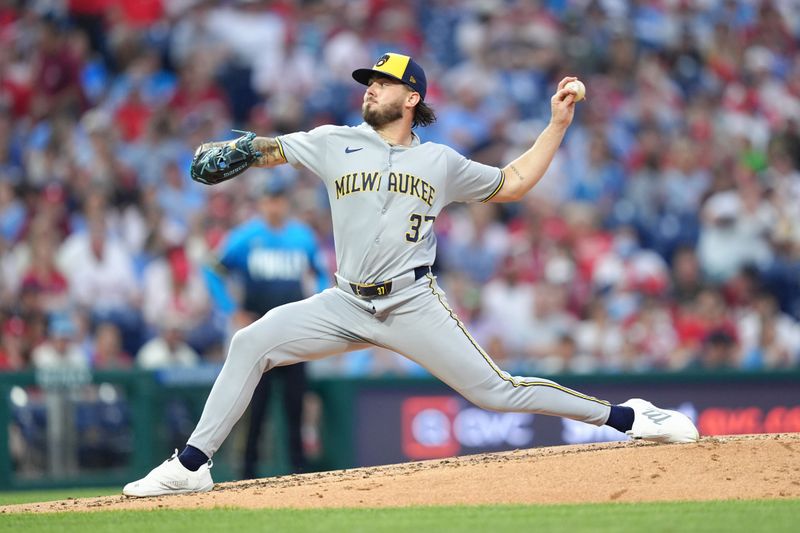 May 30, 2025; Philadelphia, Pennsylvania, USA; Milwaukee Brewers relief pitcher DL Hall (37) throws a pitch against the Philadelphia Phillies in the third inning at Citizens Bank Park. Mandatory Credit: Kyle Ross-Imagn Images