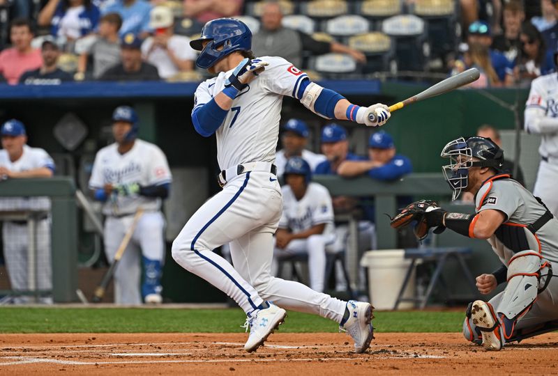 May 21, 2024; Kansas City, Missouri, USA;  Kansas City Royals shortstop Bobby Witt Jr. (7) hits an RBI single in the first inning against the Detroit Tigers  at Kauffman Stadium. Mandatory Credit: Peter Aiken-USA TODAY Sports