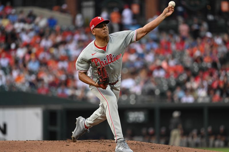 Jun 14, 2024; Baltimore, Maryland, USA; Philadelphia Phillies pitcher Ranger Suárez (55) throws a first inning pitch against the Baltimore Orioles  at Oriole Park at Camden Yards. Mandatory Credit: Tommy Gilligan-USA TODAY Sports