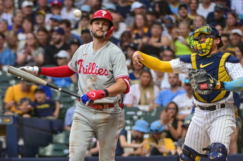 Sep 2, 2023; Milwaukee, Wisconsin, USA;  Philadelphia Phillies shortstop Trea Turner (7) walks back to the dugout after striking out against the Milwaukee Brewers in the third inning at American Family Field. Mandatory Credit: Benny Sieu-USA TODAY Sports