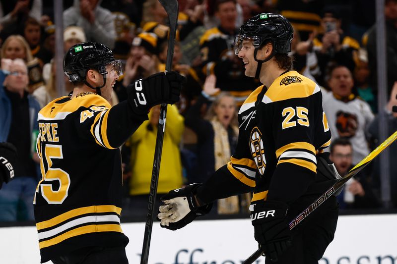 Oct 14, 2024; Boston, Massachusetts, USA; Boston Bruins defenseman Brandon Carlo (25) celebrates his goal against the Florida Panthers with left wing Cole Koepke (45) during the second period at TD Garden. Mandatory Credit: Winslow Townson-Imagn Images